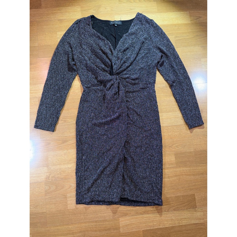 Eloquii Black Silver Metallic Twist Front V-Neck Midi Dress Long Sleeve Size 16